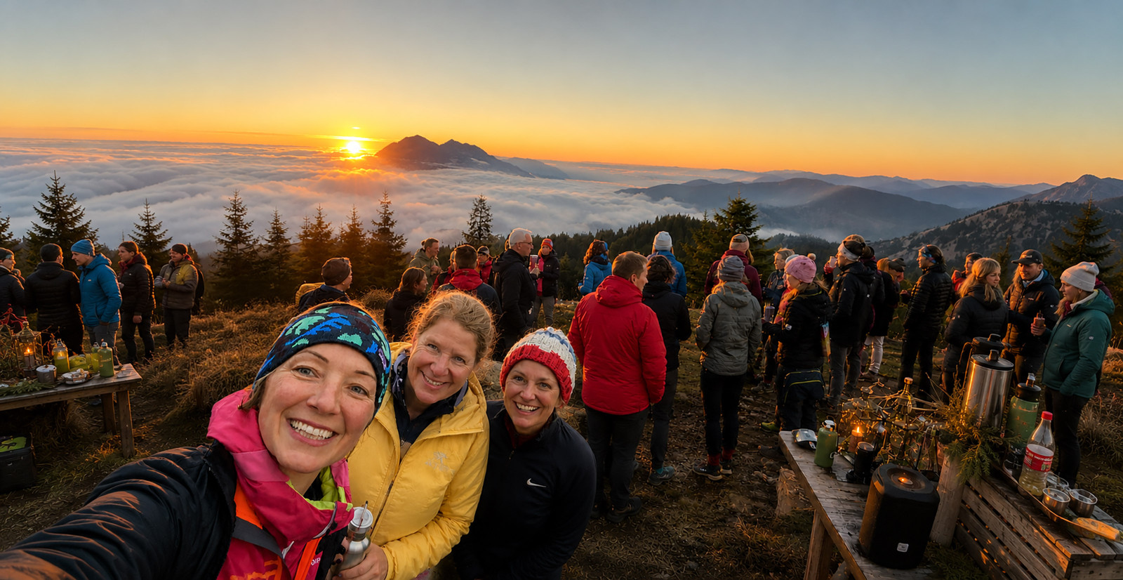 Teilnehmende erleben den Wanna Do Magic Morning bei Sonnenaufgang mit Fr&uuml;hst&uuml;ck in den Bergen und Blick &uuml;ber das Nebelmeer der Allg&auml;uer Alpen.