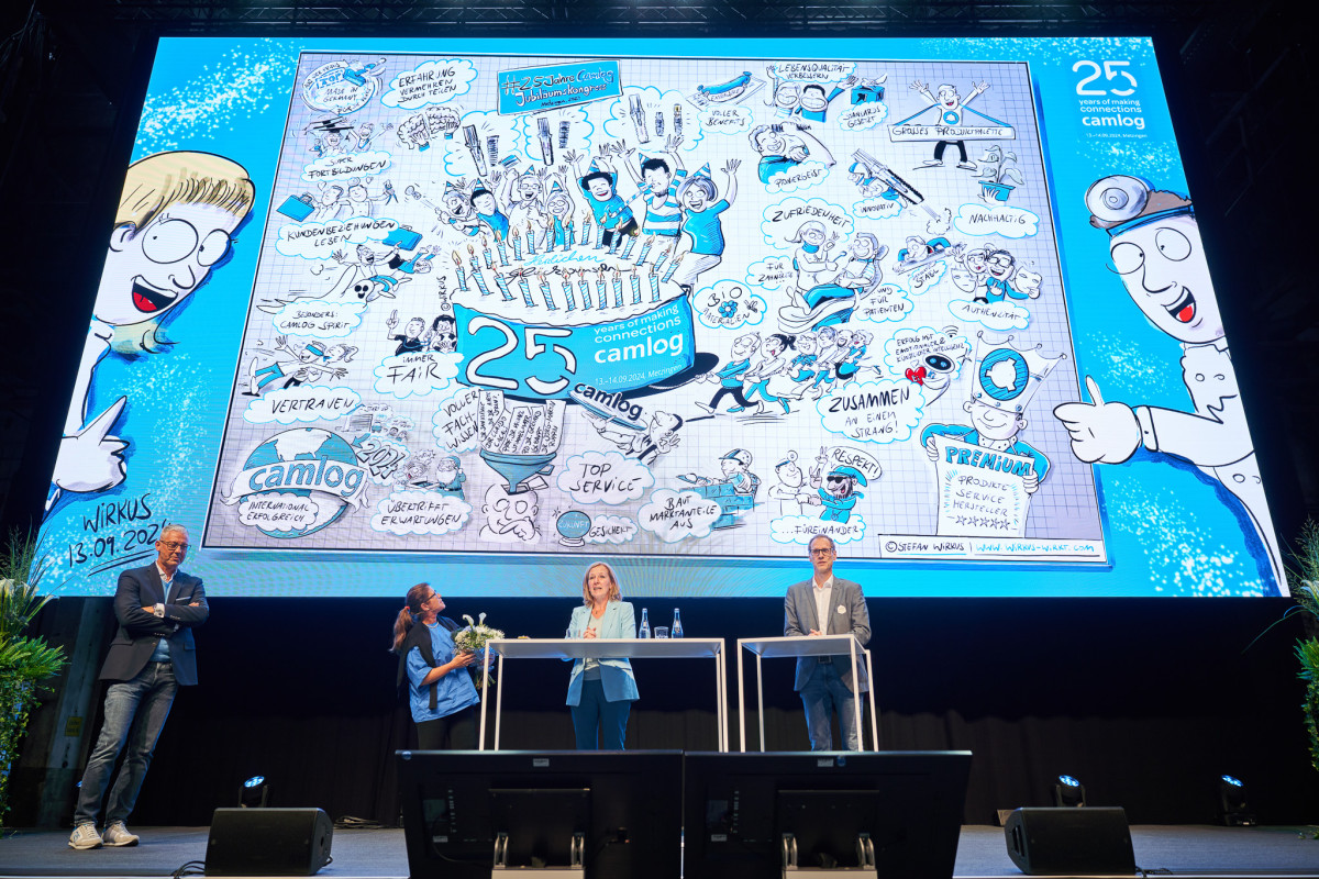 B&uuml;hnenpr&auml;sentation mit grafischer Jubil&auml;umsvisualisierung.