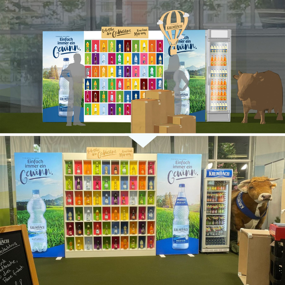 Overall before-and-after view of the trade fair booth with beverage wall and interactive memory game.
