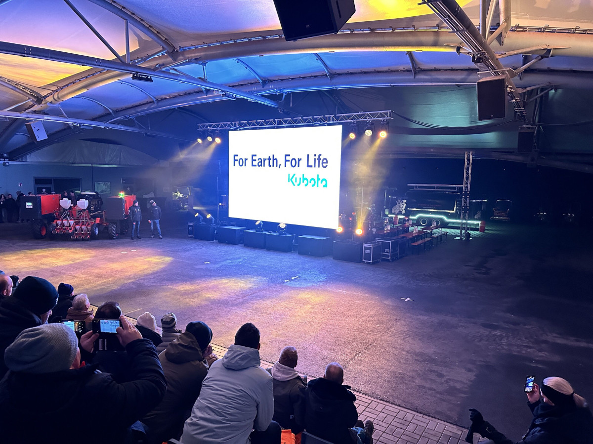 Stage with presentation screen at the Kubota dealer conference.
