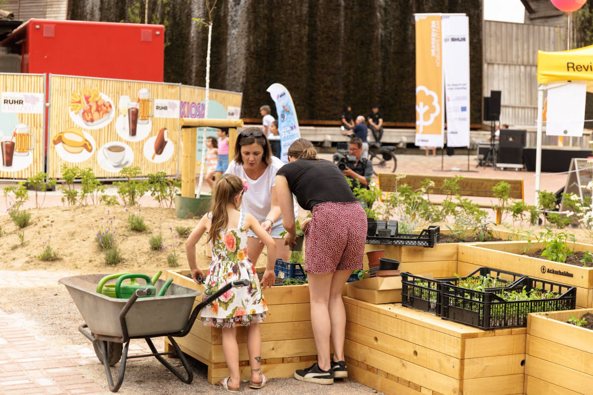 Families and children take part in hands-on activities in the park.